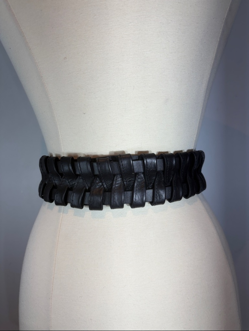 Danier Black Leather Woven Belt Double Buckle Wide Waist Belt Small